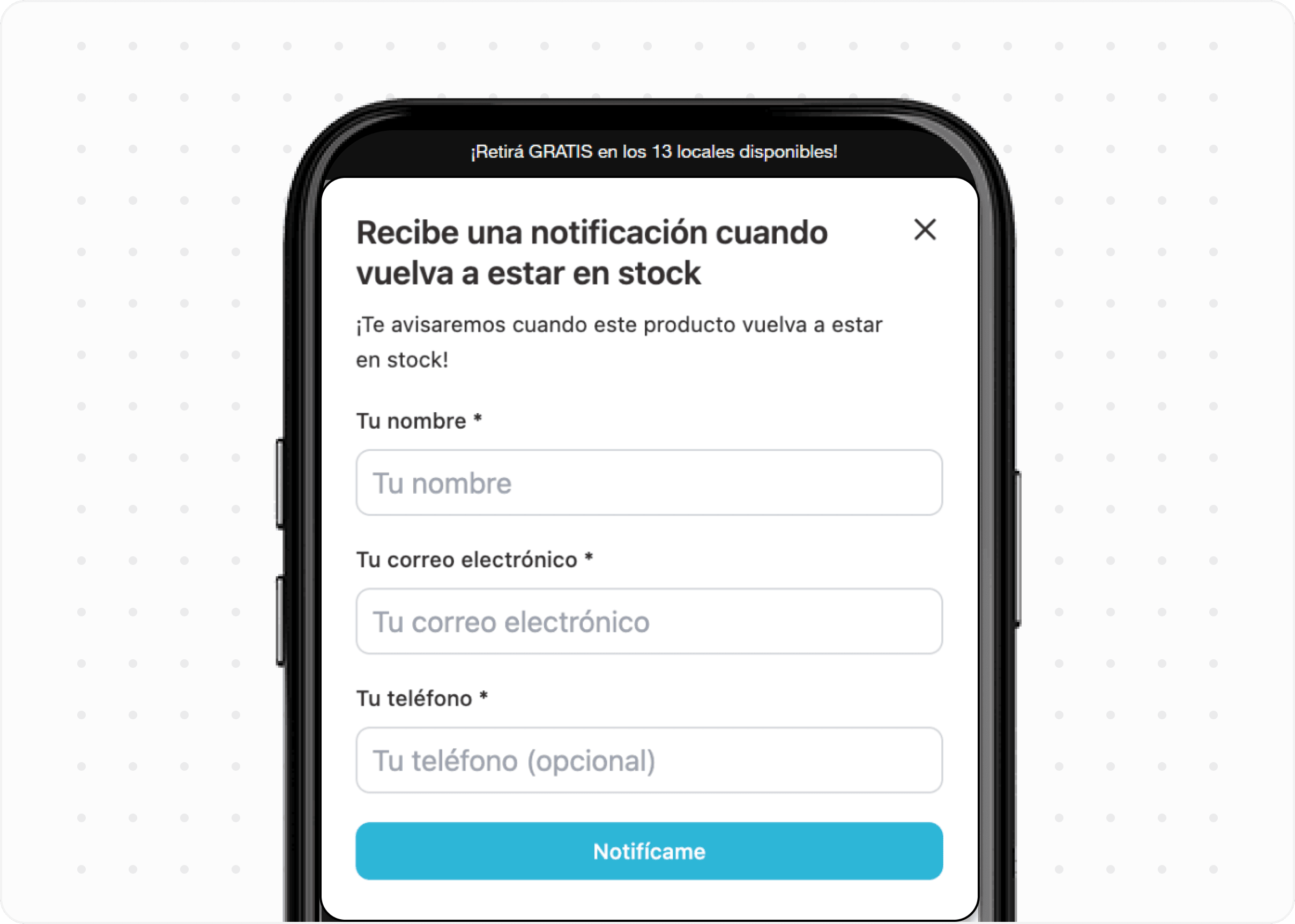 Show a button when a product is out of stock, let your customers leave their details, and send automatic alerts via WhatsApp and email when restocked. Recover sales, build customer loyalty, and keep your store always active.
